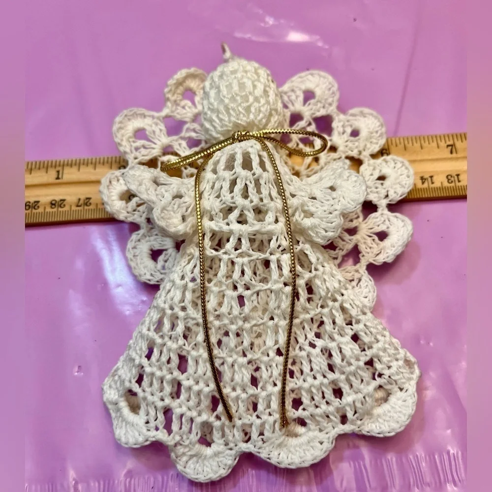 Vtg 3D Crochet Angel Ornament | Starched Lace Snowflake Halo Grandmacore Decor